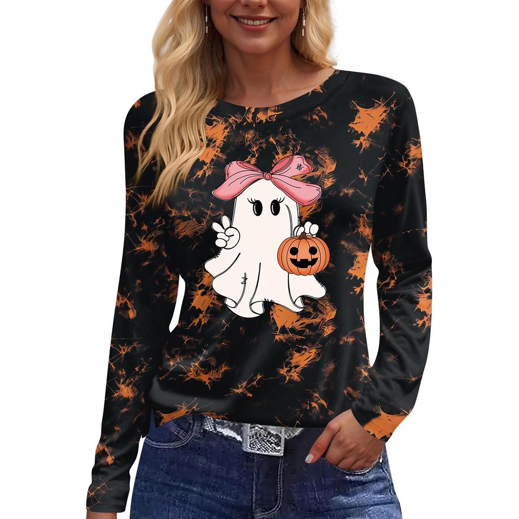 Women's Fashion Long Sleeve Top with Halloween Print and Side Slits, Round Neck