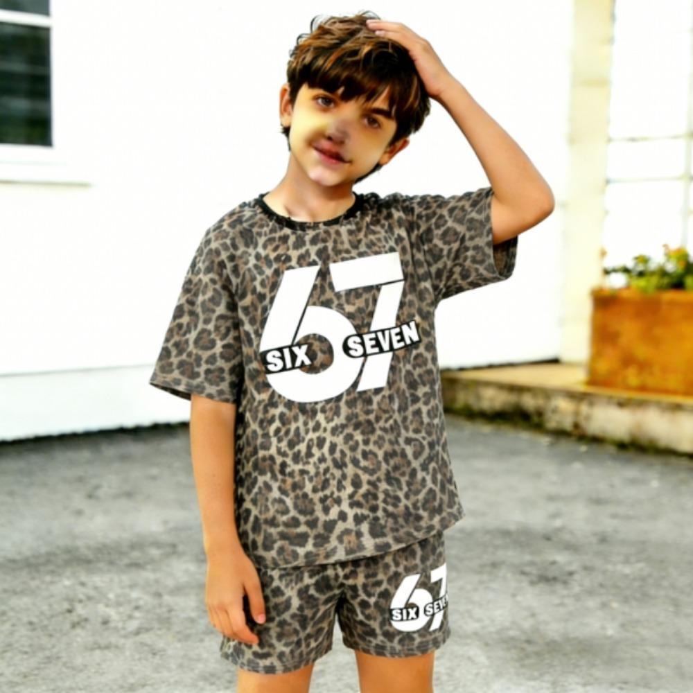 67 Leopard Colored Printed kids T-shirt and Shorts 2 Piece Set Summer Casual Outfit for boy's and girl's Clothing Top