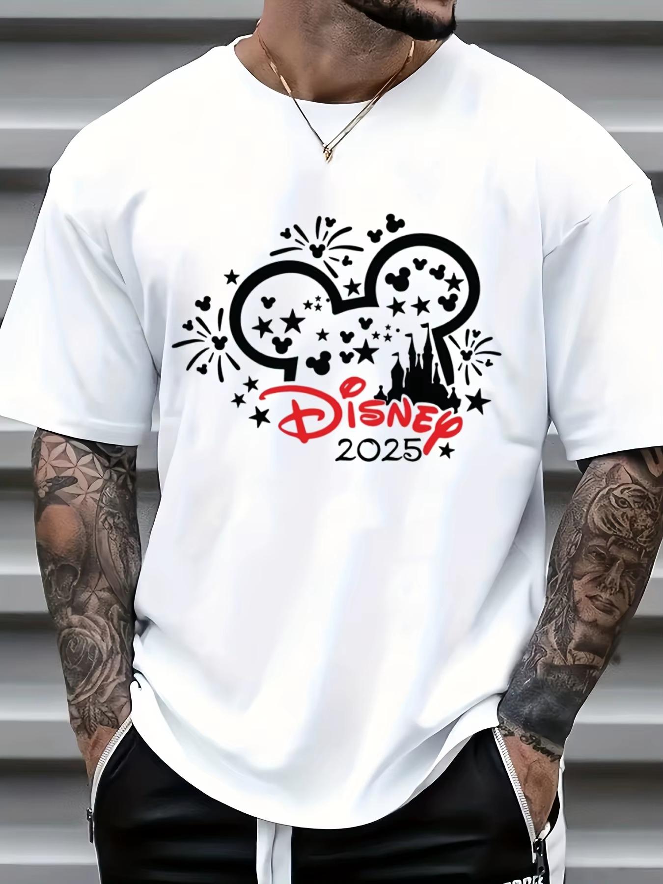 

MINISO Theme Park Trip 2025 Mickey Mouse Friends Print T-shirt For Men Summer Fashion Short Sleeve Cotton Tees Casual Couple Top S
