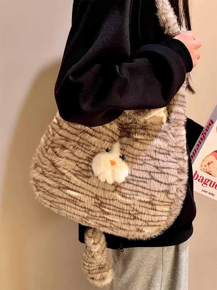 Cute Plush Cat Messenger Bag Female Style Girl Soft Cute Fluffy Large Capacity Shoulder Bag