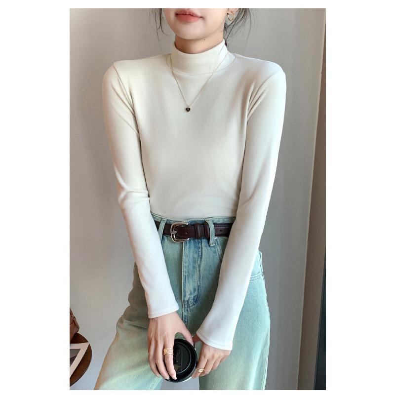 Women Half High Neck Solid Thickened Warm Fleece Lined Long Sleeve Bottoming Top