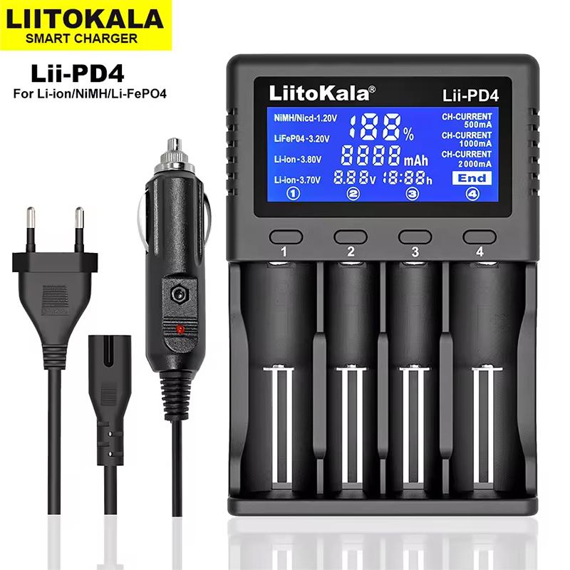 LiitoKala Lii-PD4 AC PD Charger LCD Fast Charging 4-Bay for LiFePO4 3.2V 21700/18650/AA/AAA Multi-Protection Auto-Detect
