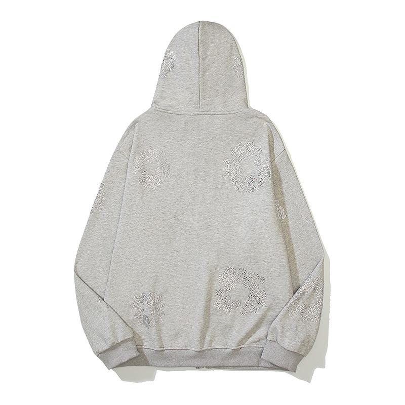 2025 High Street Hip Hop Vintage Kapok Cristal Diamante Fierbinți Fermoar Piept Jachetă Pulover cu Glugă Val