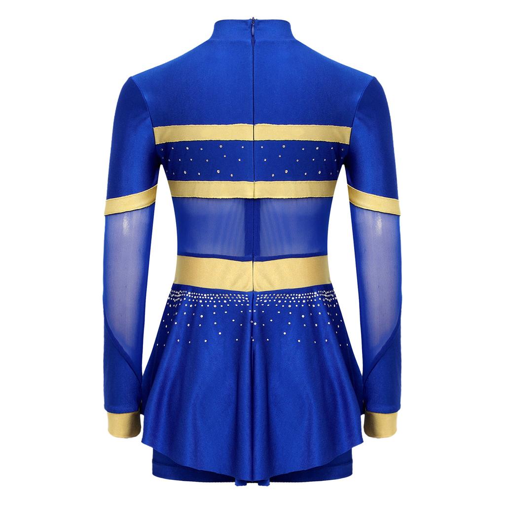 Girls One-Piece Cheerleading Costume: Long Sleeve Mesh Patchwork Shiny Diamonds Jumpsuit for Dance Gymnastic Performance