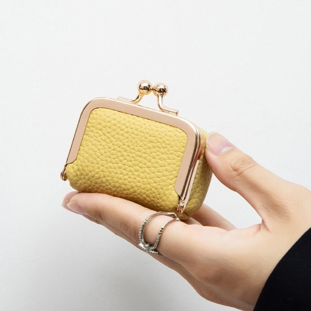 Solid Color Kiss Lock Coin Purse Genuine Leather Small Item Bag Leather Jewelry Bag  Earrings