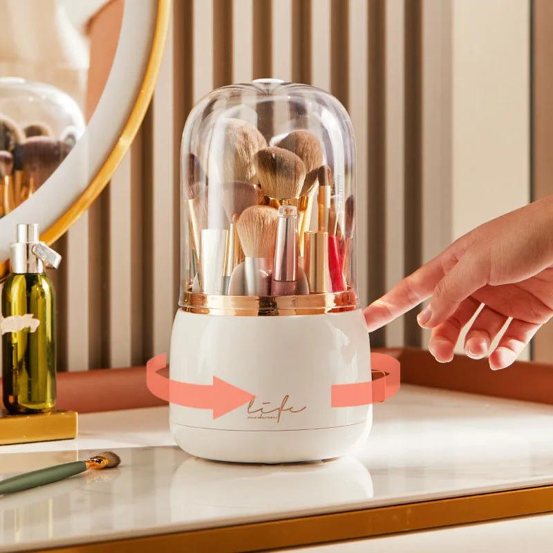 Makeup Brush Holder Storage Device with 360 Degree Rotation, Dustproof Makeup Brush Container, Transparent Acrylic Cover, Rotati