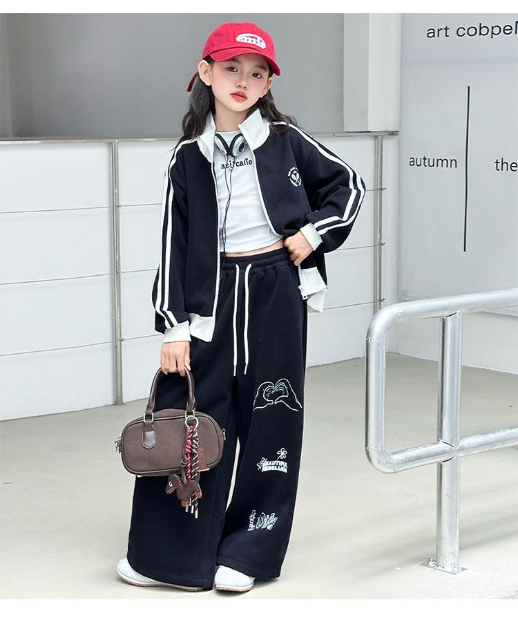 Girls' 2025 Trendy Autumn Two-piece Set: Stand-up Collar Jacket & Wide-leg Pants