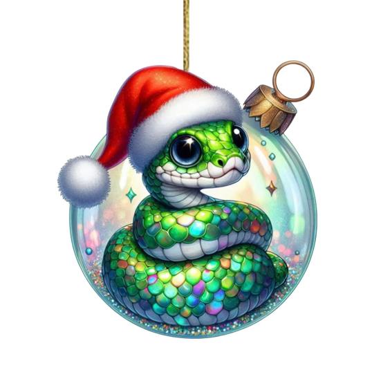 Hadí vánoční ozdoba Plochá 2D akrylová kreslená hadí přívěsek Slavnostní had se Santa čepicí
