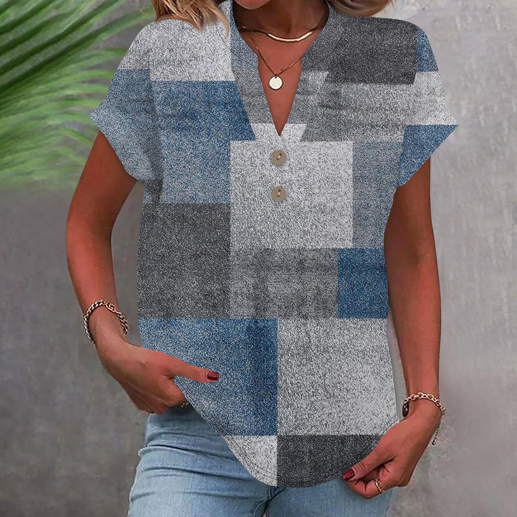 Dámská móda Ležérní Tričko s potištěným výstřihem do V, krátkým rukávem, knoflíkem dolů Tričko Top