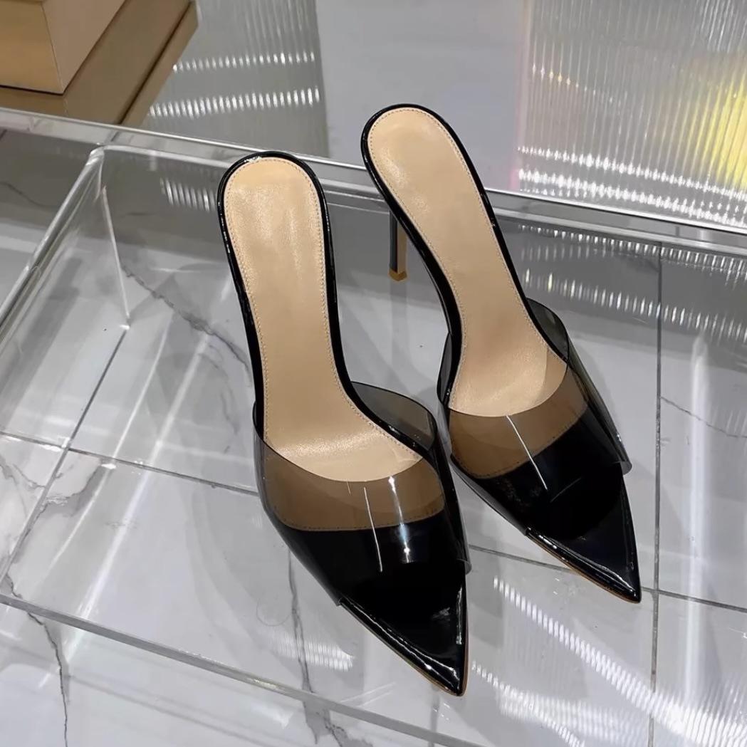 

Transparent high-heeled cool slippers for women in the summer of 2025, new fashion, thin heels, pointed heads, sexy open toes, and one-word drag for o 34