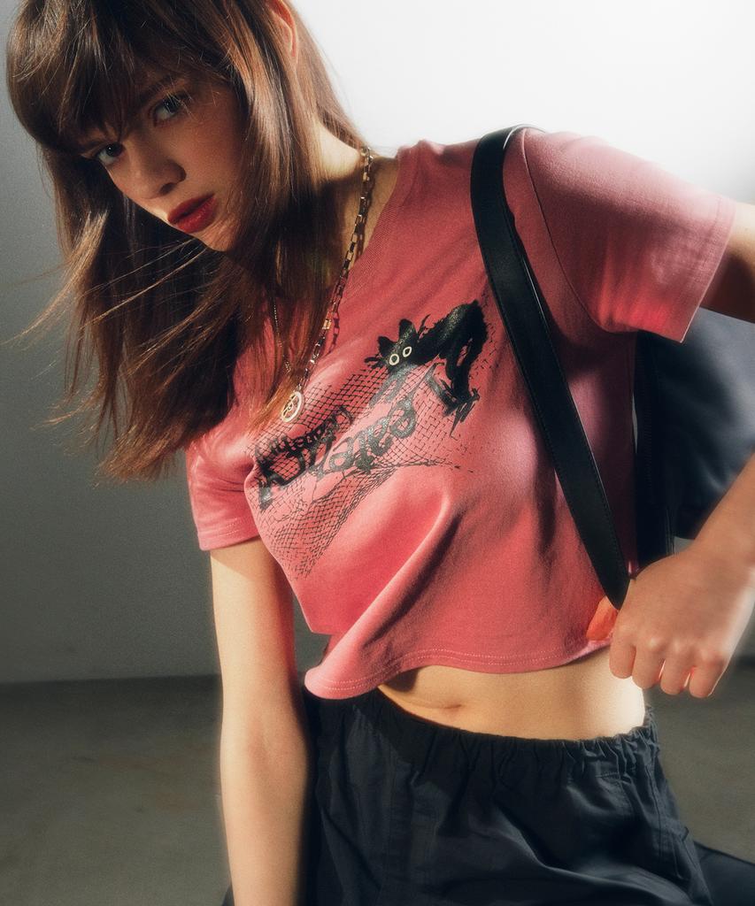 Ledeoli Naughty Cat Crop Short Sleeve T-Shirt [Washed Pink]