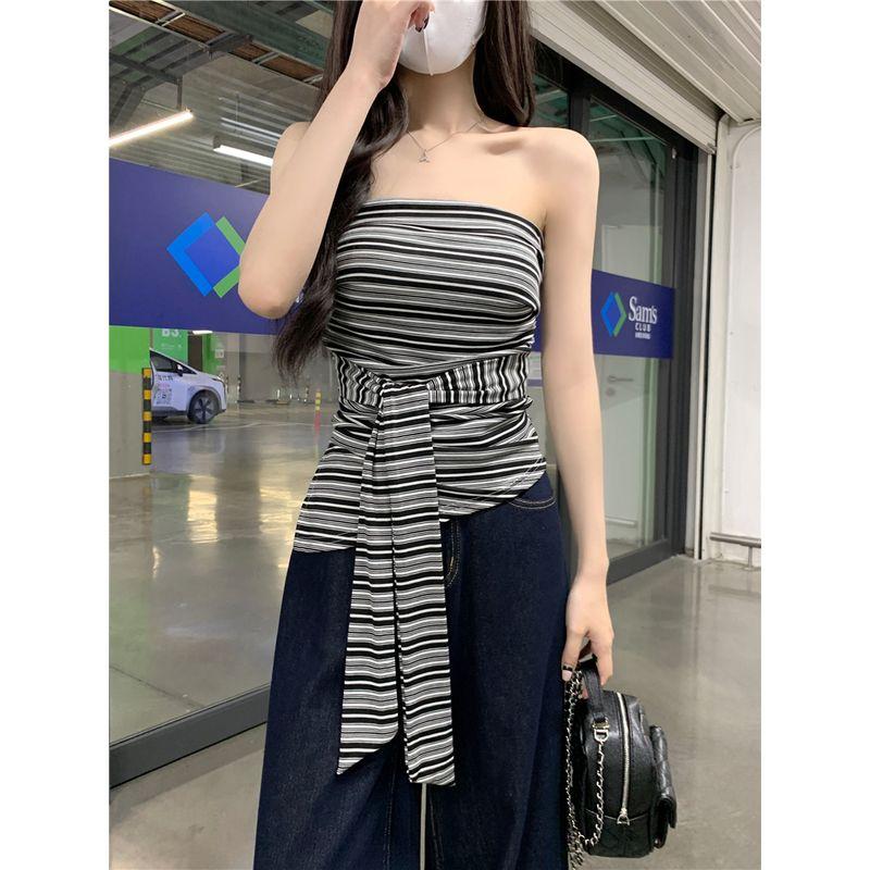 Kumikumi Gyaru Style Retro Stripe Tube Top Vest Women Clothes Summer Design Sense Strap Waist Hugging Sleeveless Top