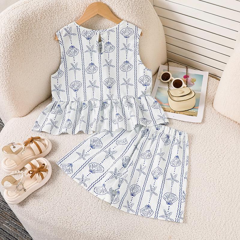 2026 Spring/Summer Ocean Style Girls' Set: Starfish Print Sleeveless Top & Shorts