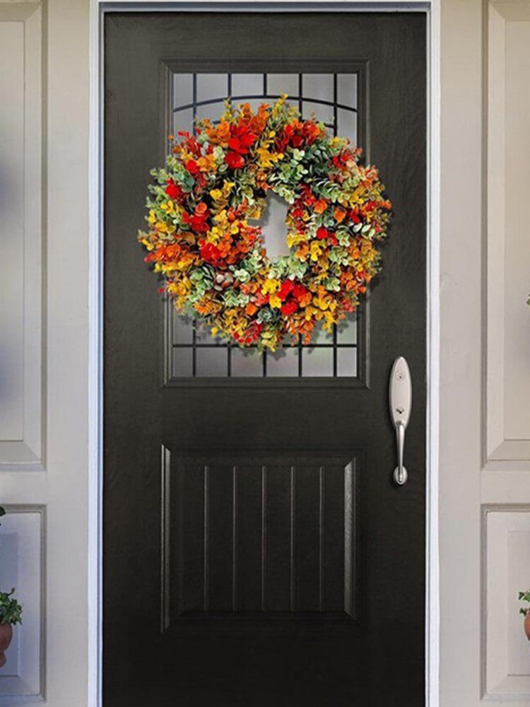 1 Stück Künstlicher Türkranz aus Kunststoff mit künstlichen Blumen und Eukalyptus, künstlicher Kranz für drinnen und draußen, zu Hause, Halloween, im Herbst, Türdekoration
