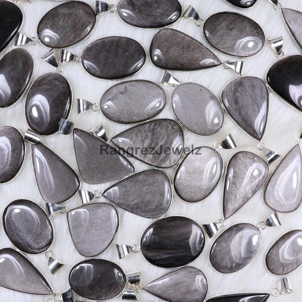 Natural Silver Sheen Obsidian Pendant Bulk Wholesale Bezel Pendant Necklace Making For Silver Jewelry Supply 925 Sterling Silver Pendant