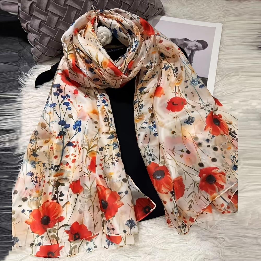 Bysifa|Blue White Silk Scarf Shawl Fall Winter Women Long Scarves Butterflies Design Summer Ladies Beach Silk Wrap Foulard