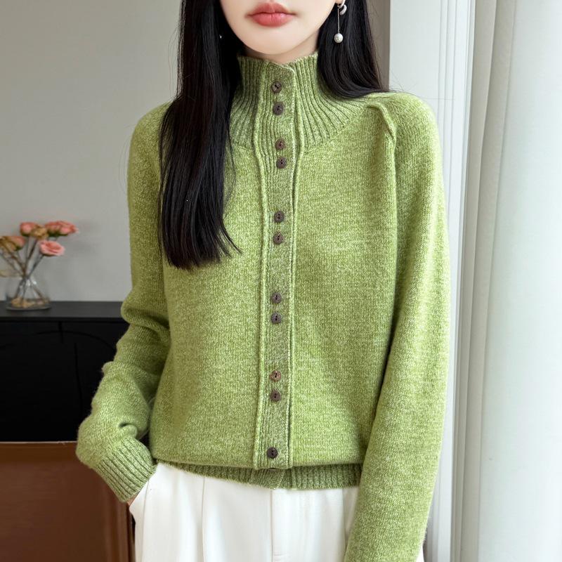 Women's Heathered Wool Stand-Up Collar Cardigan Sweater - Long Sleeve, Double-Strand, Thickened Knit for Autumn & Winter