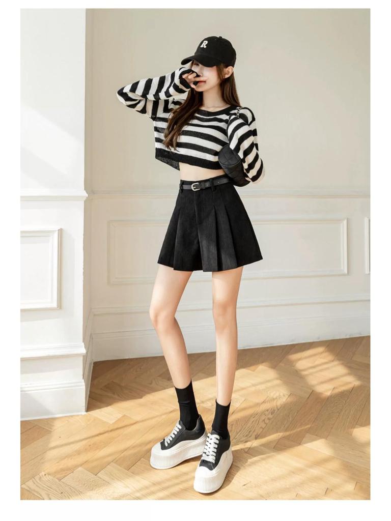 Women's High Waist Corduroy A-line Pleated Culottes Winter Shorts 2024