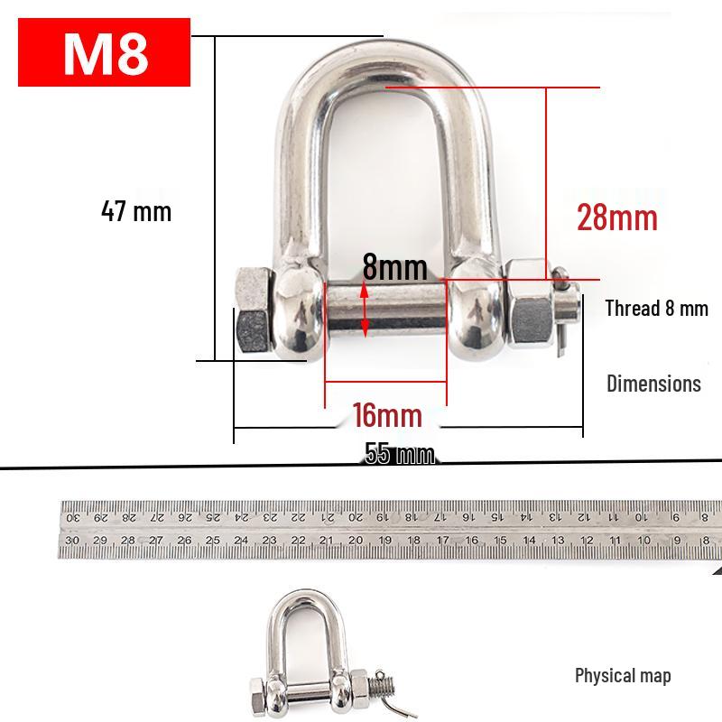 304 Stainless Steel D-Type Safety Shackle U-Type Lifting Eye Bolt with Nut, American Style.