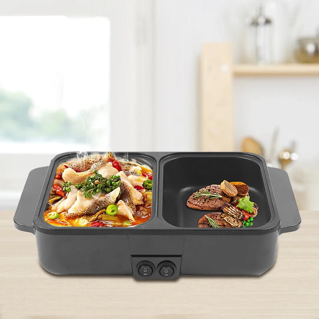 2-in-1 Indoor Antihaft-Elektro-Hot Pot und Pfanne, Tragbarer Multifunktionaler Rauchloser Koreanischer BBQ-Grill, Geeignet für 1-2 Personen