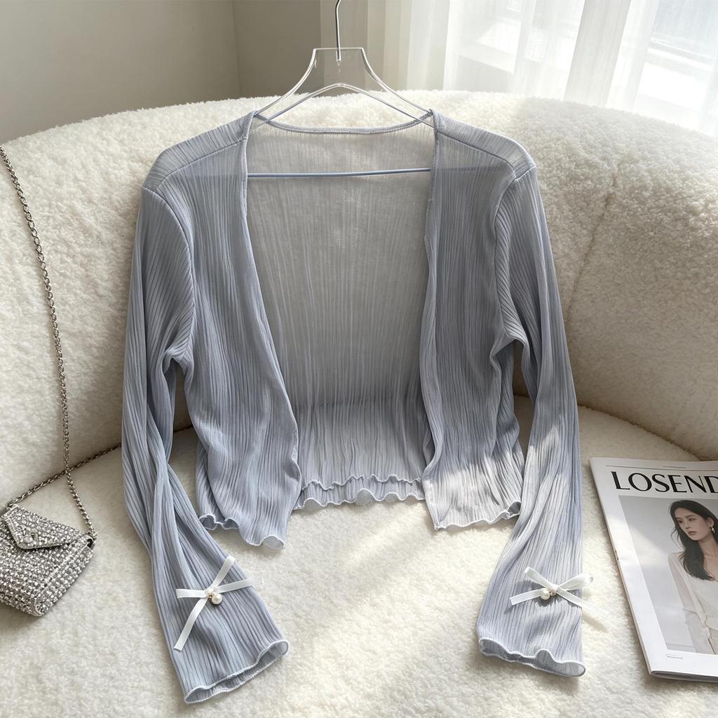 2026 Summer Sheer Ice Silk Bow Cardigan with Sun Protection