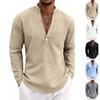 Loose-fit, breathable men’s casual linen shirt with a wide V-neck and a stand-up collar, ideal for outdoor wear
