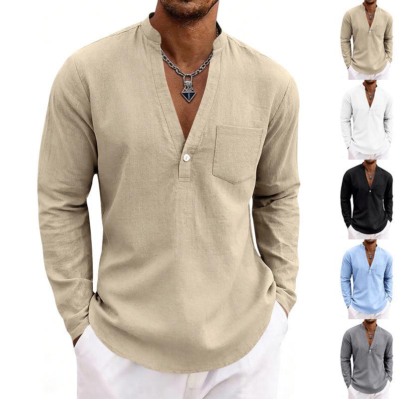 Loose-fit, breathable men’s casual linen shirt with a wide V-neck and a stand-up collar, ideal for outdoor wear