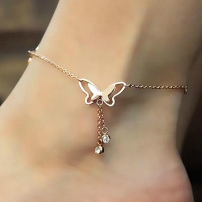 Summer Hot Sale Foot Jewelry Temperament Hollow Butterfly Double Diamond Tassel Rose Gold Anklet Rose Gold