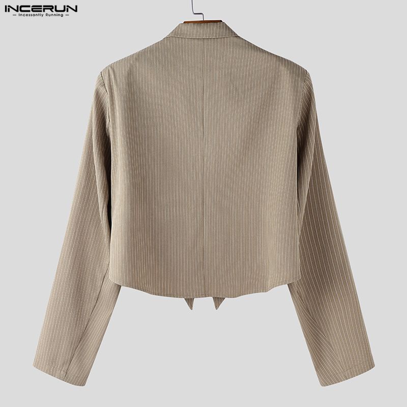 INCERUN Oversized Men Long Sleeve Striped Cutout Irregular Cropped Coats Blazer