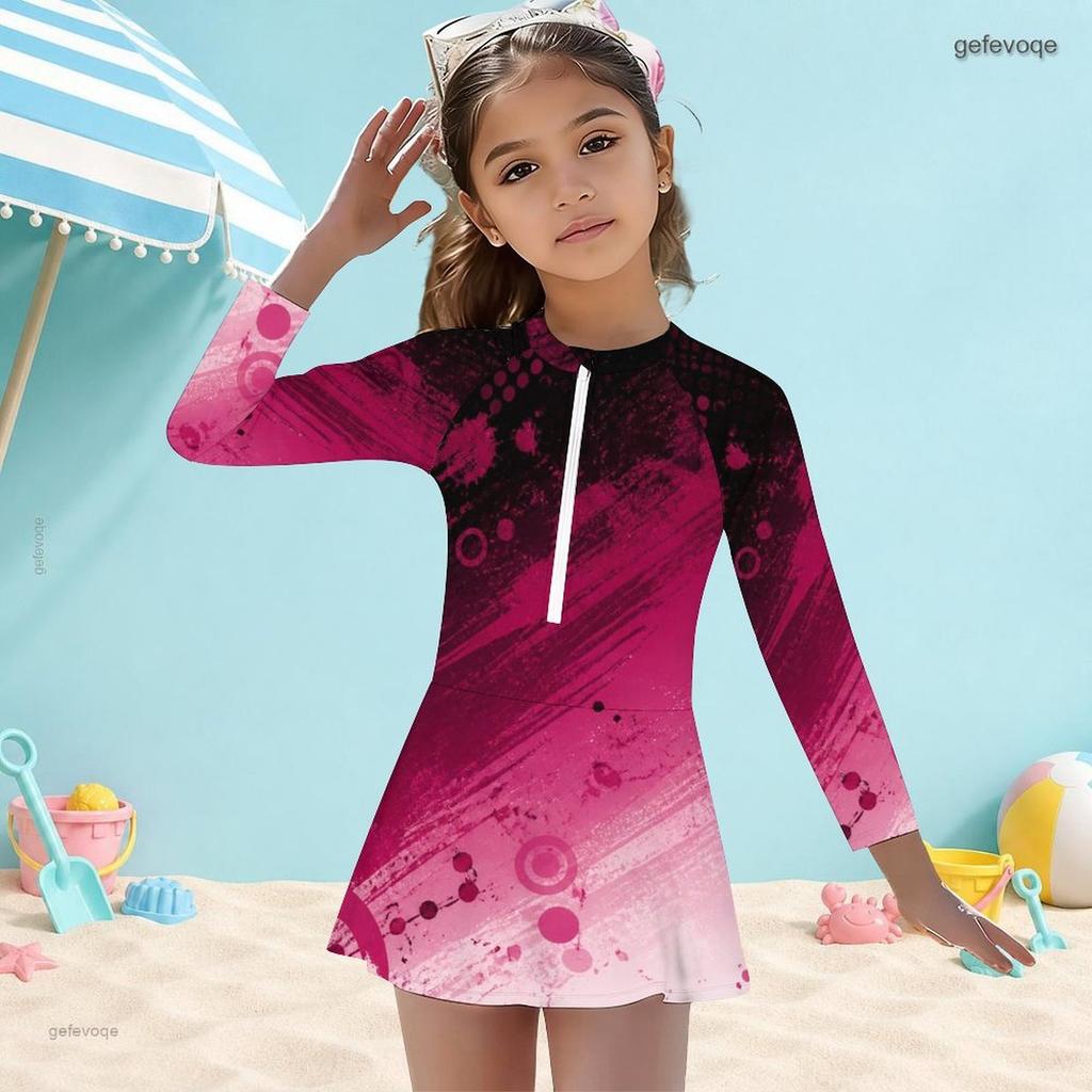 Girls High Neck Long Sleeve One Piece Swimsuit Printed Front Zip Skirt Hem