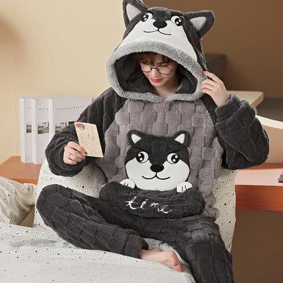 Nuevo Conjunto de Pijama de Coral Grueso de Invierno para Hombre Traje de Casa con Capucha de Felpa Manga Larga Dibujos Animados Franela Conjunto de 2 Piezas Ropa de Dormir Cálida Tallas Grandes 3XL 4XL