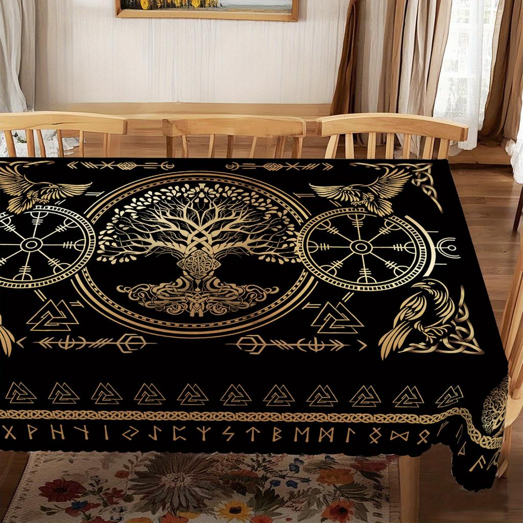 Golden Viking Crow Rectangle Tablecloth Holiday Party Decor Tree of Life Norse Rune Symbols Table Cloths for Kitchen Table Decor