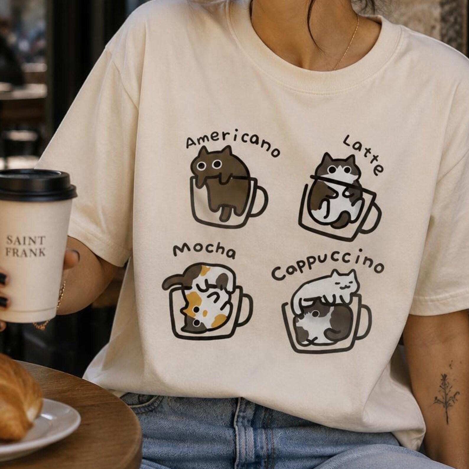Coffee Cats T-Shirt | Americano Latte Mocha Cappuccino Cute Illustration, Coffee Cat Mug Tee, Funny Cat Coffee Shirt, Cat Lover Gift XL