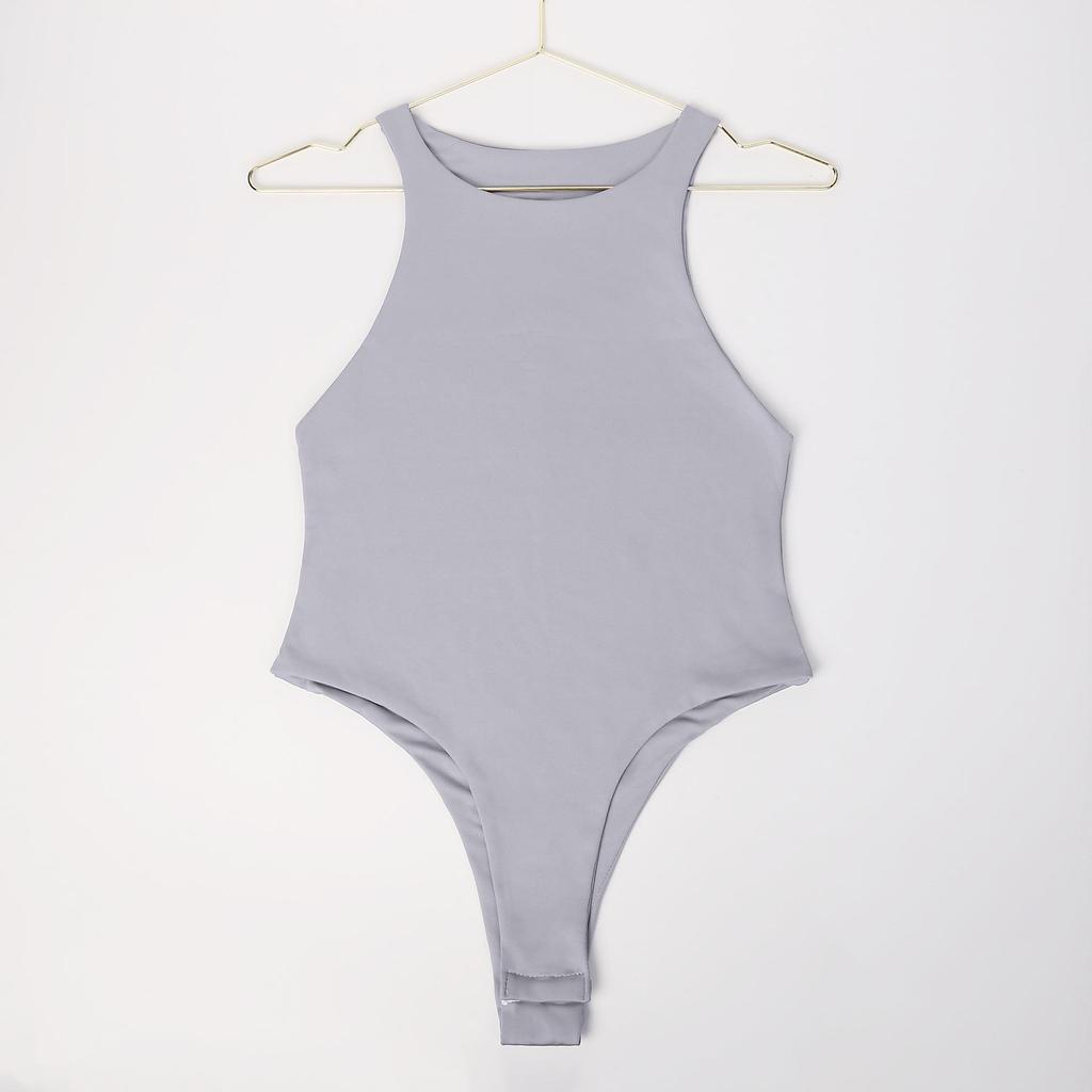 Tuta Body Monopezzo da Donna Europea e Americana Senza Maniche con Spacco Alto a Colore Unito