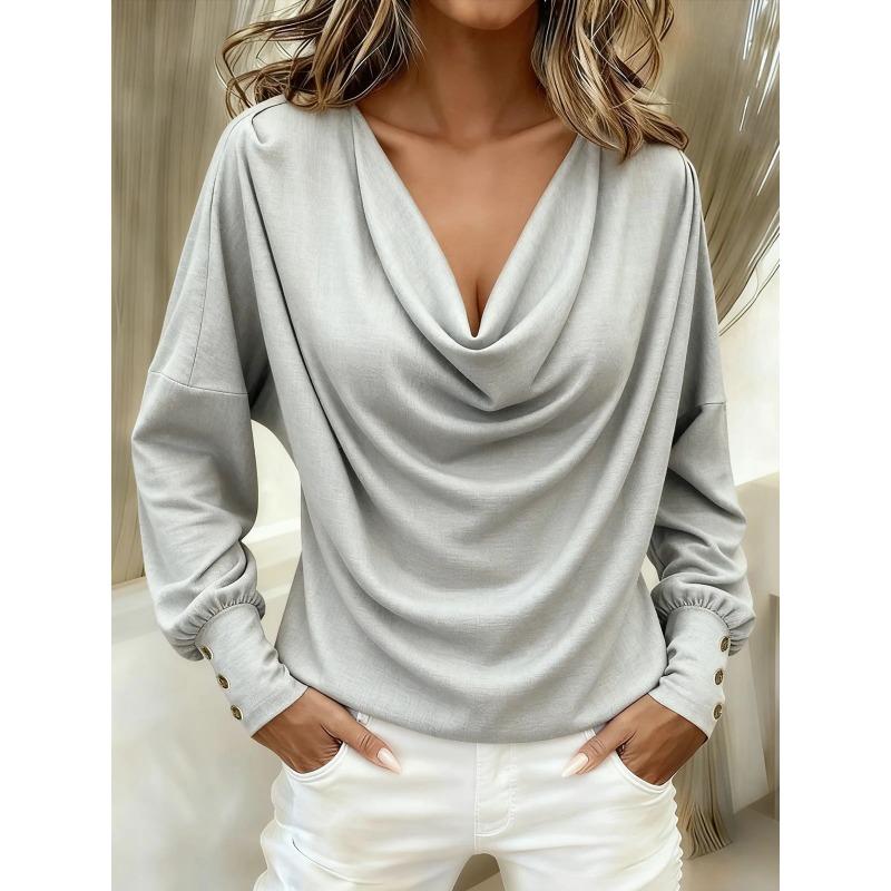 

Женская черная блузка с драпировкой и воротником-хомутом, рукавами летучая мышь, манжетами на пуговицах, свободного кроя, повседневный топ S серый