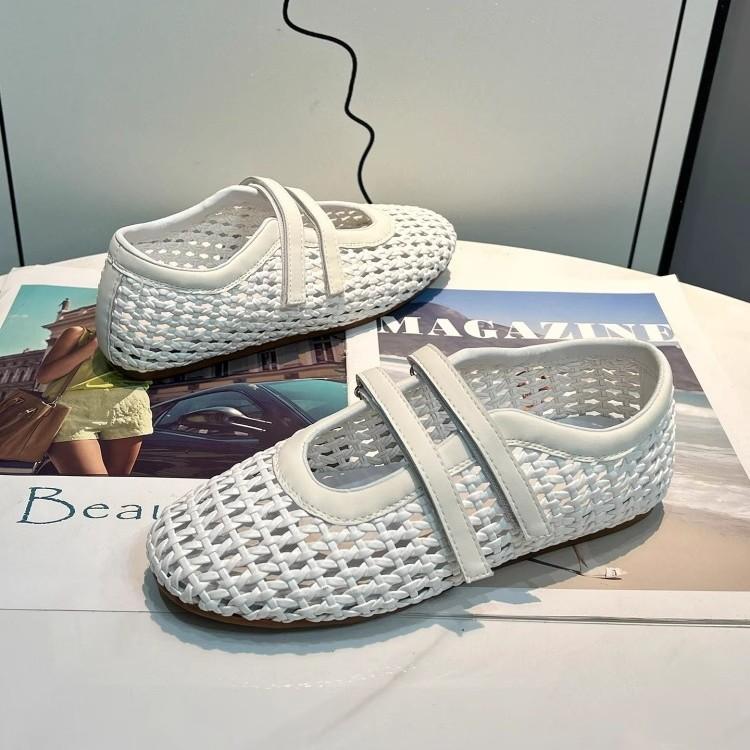 Woven Hollow Mary Jane Sandals Women's 2025 Summer New Mesh Breathable Velcro Shallow Mouth One Pedal Single Shoes
