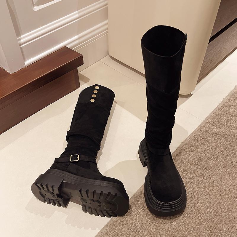 Platform Height Increase Woman Knight High Boots Punk Style Thick Heels Long Booties Autumn Winter Belt Buckle Ladies Shoes