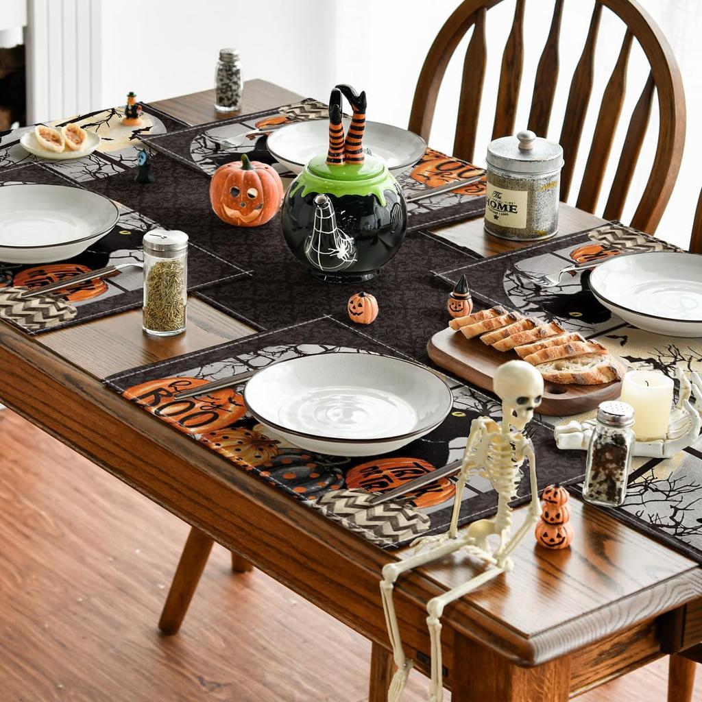 Artoid Mode Boo Black Cat Pumpk Halloween Placemats Set of 4, Trick Or Treat 12x18 Inch Seasonal Fall Holiday Table Mats for Party Kitchen Dining
