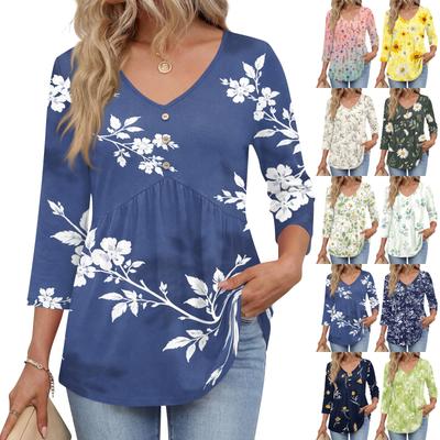 Womens 3/4 Sleeve V Neck Button Detail Floral Print Tunic Top Casual Lightweight Blouse for Daily Wear