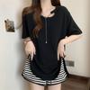 Women Asymmetrical Cut-out T-shirt with Chain Detail Crew Neck Short Sleeve Oversized Loose Fit Solid Color Tee