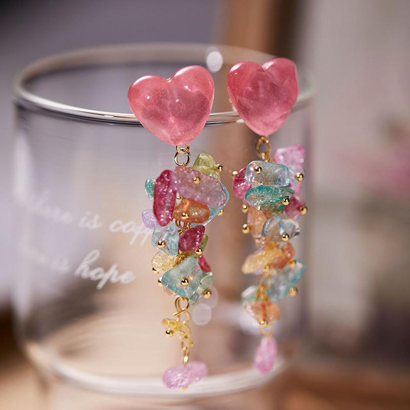Heart Shaped Crystal Tassel Earrings Colorful Crushed Stones Cute Sweet Trendy Design Earrings Women New Jewelry Gifts