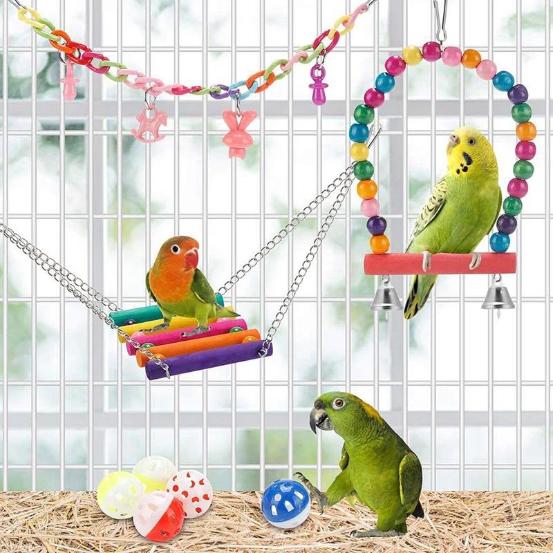 Bird Cage Toys for Parrots Wood Birds Swing Reliable Chewable Bite Bridge Wooden Beads Shape Parrot Toy 11pcs Bird Toys parrot
