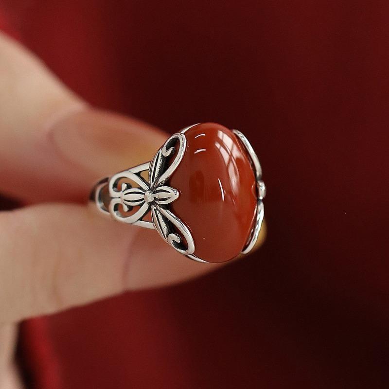 Classic Retro Pattern Ring Synthetic Agate Women'S Ethnic Style Aesthetic Niche Festival Suitable Jewelry Gifts And Accessories