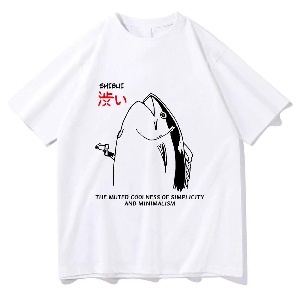 Funny Japanese Fish With Gun Tshirt 2025 Men/women Clothing Harajuku Kawaii Clothes Summer Tops Unisex Cotton Graphic T Shirts