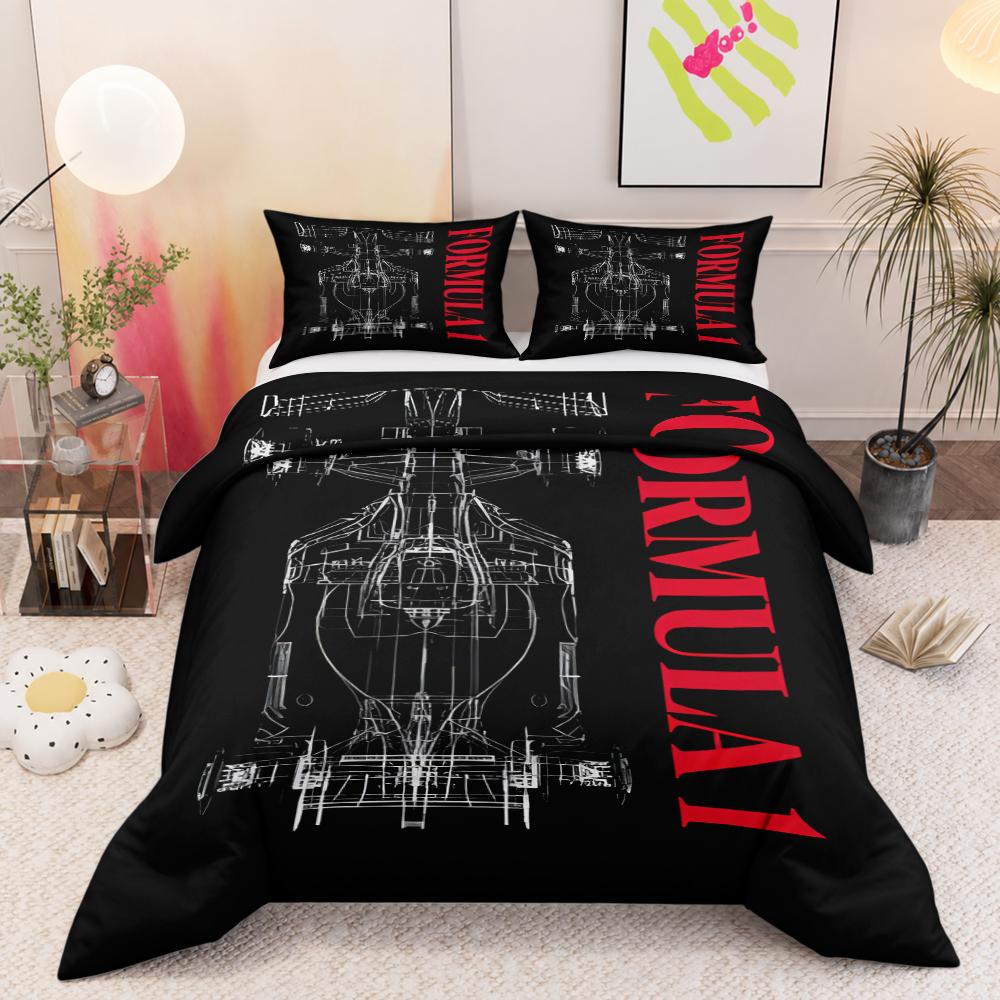 Formula 1 Wireframe Car Blueprint 3-Piece Quilt Cover Set with Pillowcases for Dorm Room Decor