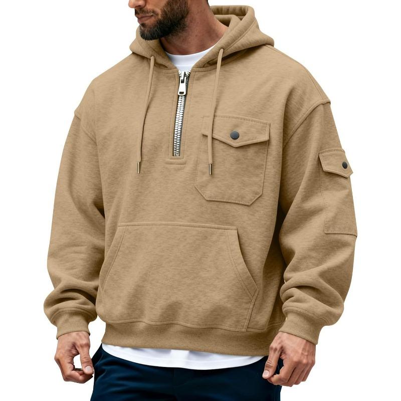 New Autumn Winter Men's Sweatshirt Multi Pocket Hooded Long-sleeved Velvet Jacket Top Casual Sports