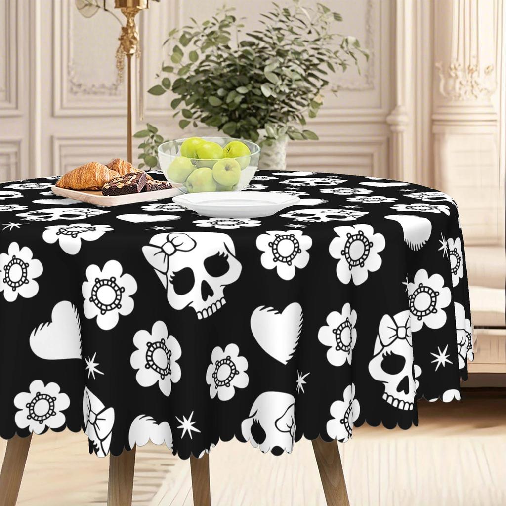 1 White Skull And Flower Heart Black Tablecloth, 60X60 Round/Rectangular, Suitable For Dining Tables