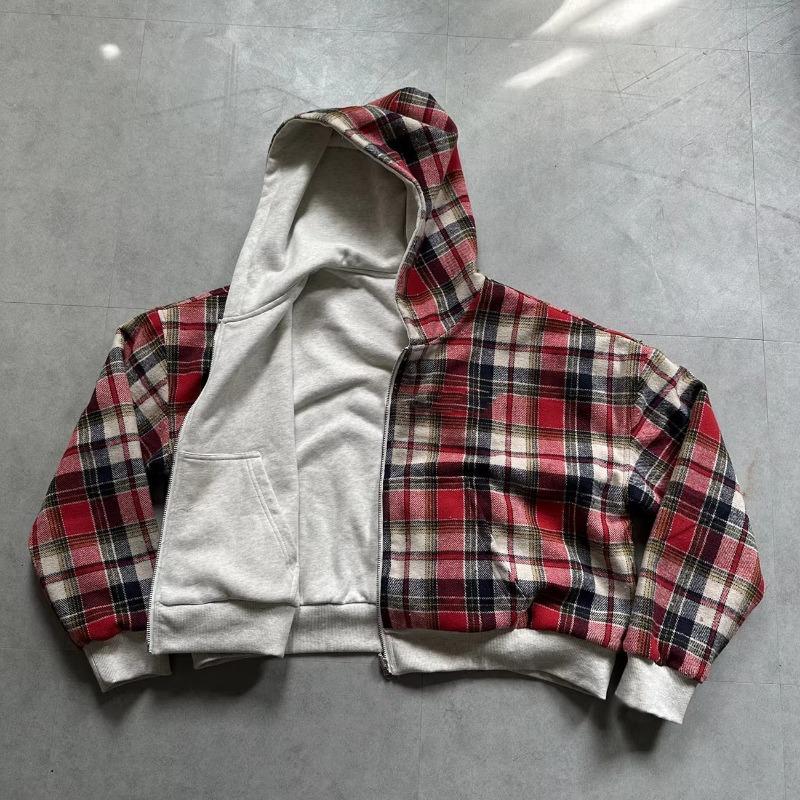 Sudadera con capucha a cuadros reversible para hombre con cremallera de manga larga