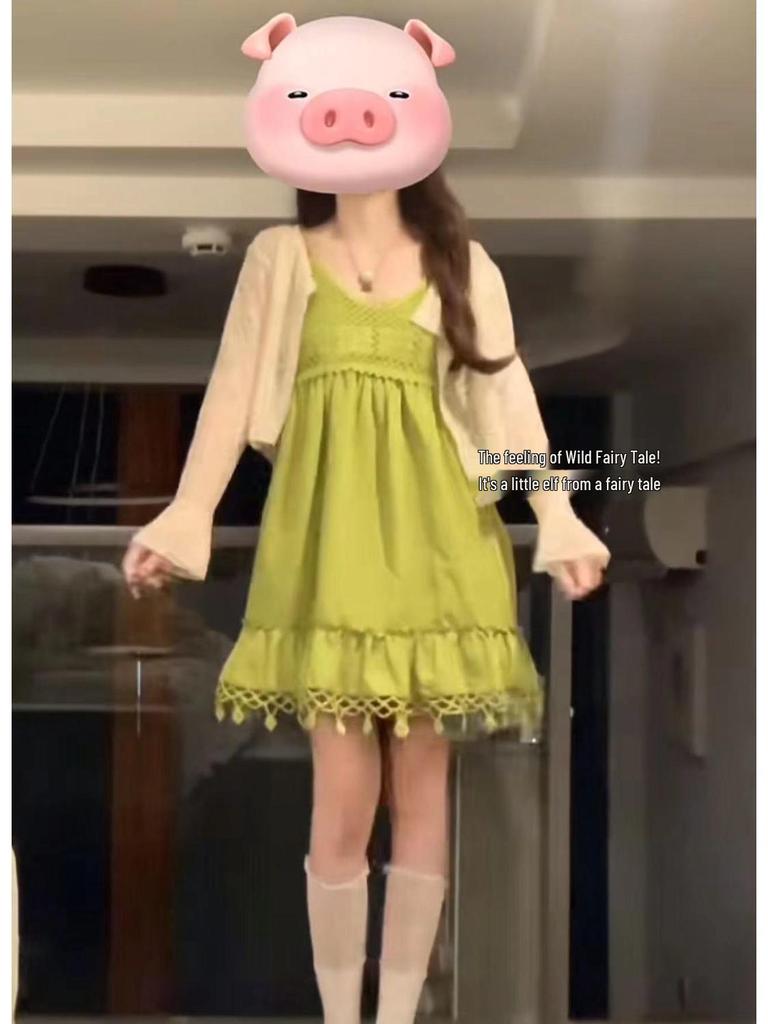 Bohemian Green Tassel Two-Piece Sleeveless Spaghetti Strap Summer Babydoll Mini Dress for Women