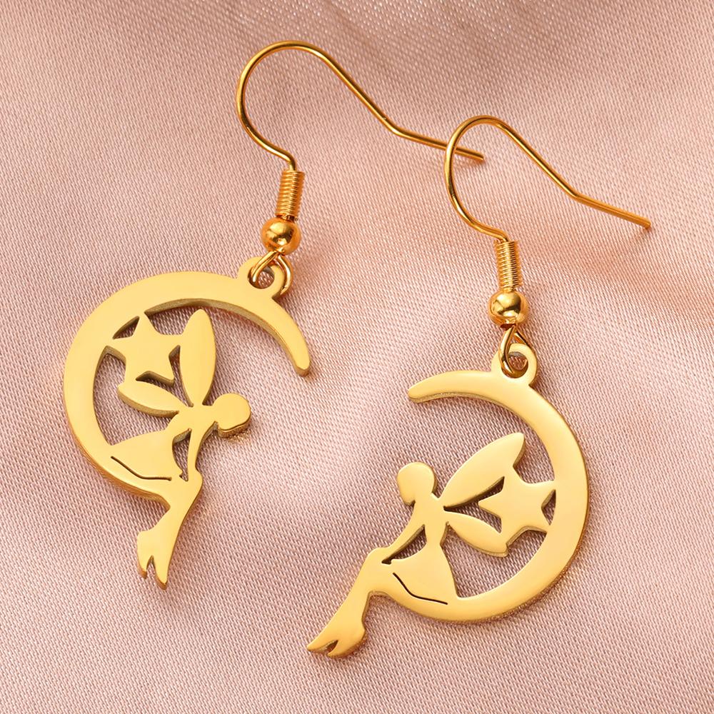 Teamer Hollow Moon Star Drop Earrings Stainless Steel Flower Elf Pendant Dangle Earrings for Women Wedding Party Jewelry Gifts